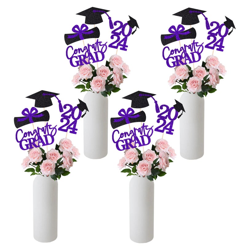 Gexolenu 16 PCS Purple and Black Double-Sided 2024 Graduation Centerpieces for Tables, 2024 Table Toppers Party Centerpiece Sticks Party Supplies, Graduation Party Decorations Class of 2024, Set of 4 - Image 3